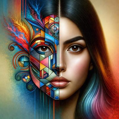 The primary subject of the image is a woman's face, which is depicted in two different styles. One half of the face is shown in a colorful, abstract style, while the other half is shown in a more traditional, realistic style. The setting is a colorful background, which complements the vibrant colors of the woman's face. The visual style of the image is a combination of digital art and illustration, creating a unique and artistic representation of the woman's face. The colors and mood